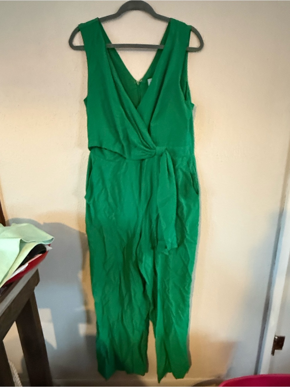 CeCe Emerald Green Sleeveless Wrap Jumpsuit with Waist Tie